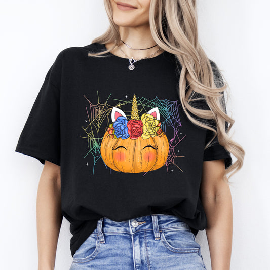 Unicorn pumpkin Halloween Unisex T-Shirt Cute Unicorn spooky season tee Black Dark Chocolate-Black-Family-Gift-Planet