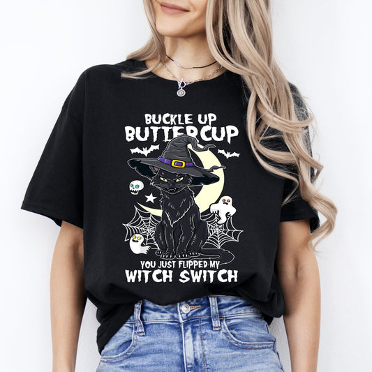 Witch switch black cat Halloween Unisex T-Shirt Scary cat in bad mood tee Black Dark Chocolate-Black-Family-Gift-Planet