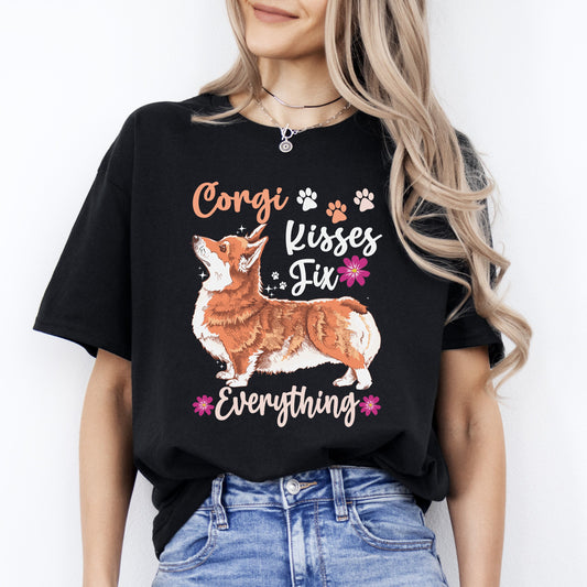 Corgi kisses fix everything T-Shirt gift Cute Corgi Dog mom Unisex tee Black Navy Dark Heather-Black-Family-Gift-Planet