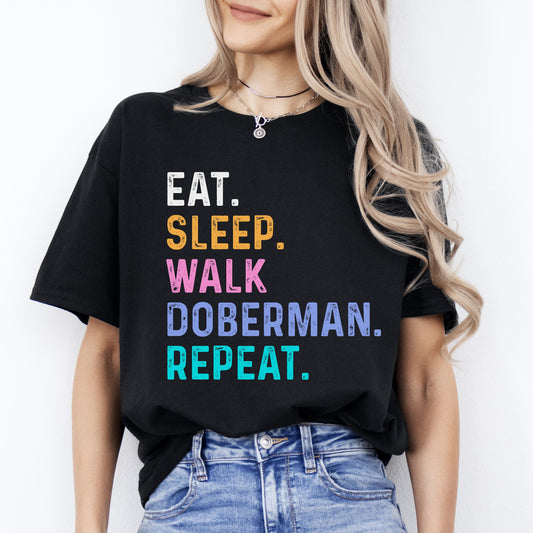 Doberman Unisex T-Shirt Eat Sleep Walk Doberman Repeat Doberman Dog lover gift Doberman mom-Black-Family-Gift-Planet