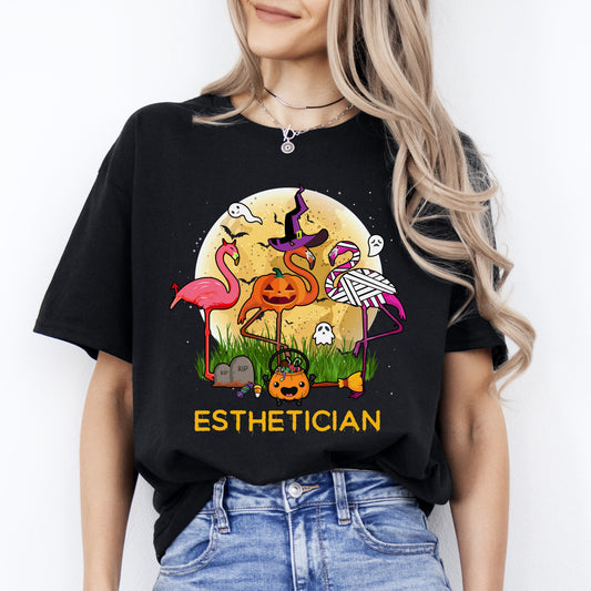 Esthetician Halloween Unisex T-Shirt Scary Spooky Flamingos Skin therapist Esthetician tee Black Dark Heather-Black-Family-Gift-Planet