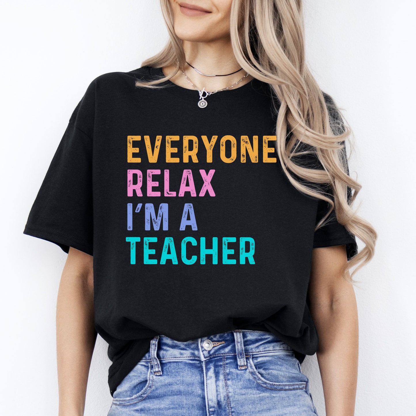 Funny Teacher T-Shirt Everyone relax I'm a teacher Unisex tee Black Navy Dark Heather-Black-Family-Gift-Planet