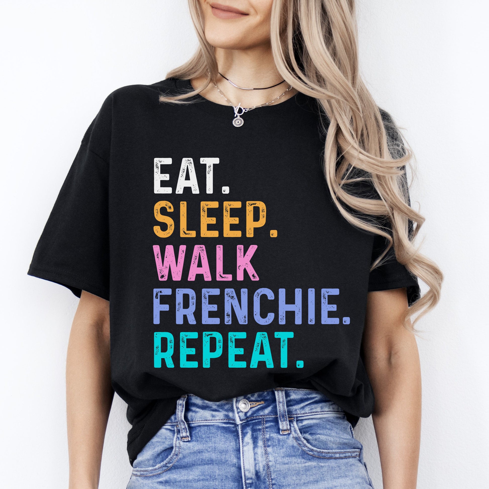 Frenchie Unisex T-Shirt Eat Sleep Walk Frenchie Repeat Frenchie Dog lover gift Frenchie mom-Black-Family-Gift-Planet