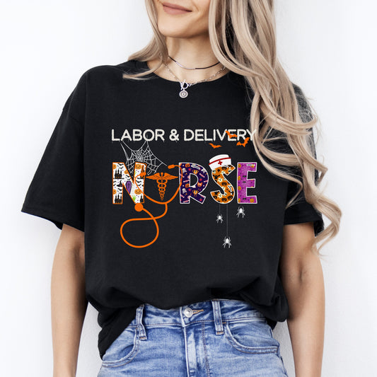 Labor and delivery nurse Halloween Unisex T-Shirt Scary Spooky L and D nurse tee Black Dark Heather-Black-Family-Gift-Planet