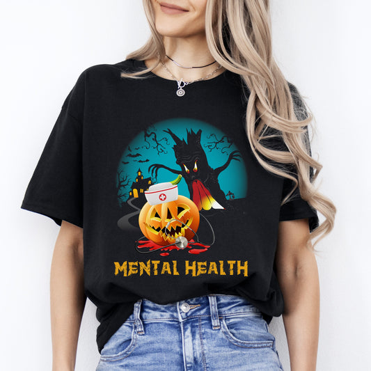 Mental health Halloween Unisex T-Shirt Scary Spooky Psych Nurse tee Black Dark Heather-Black-Family-Gift-Planet