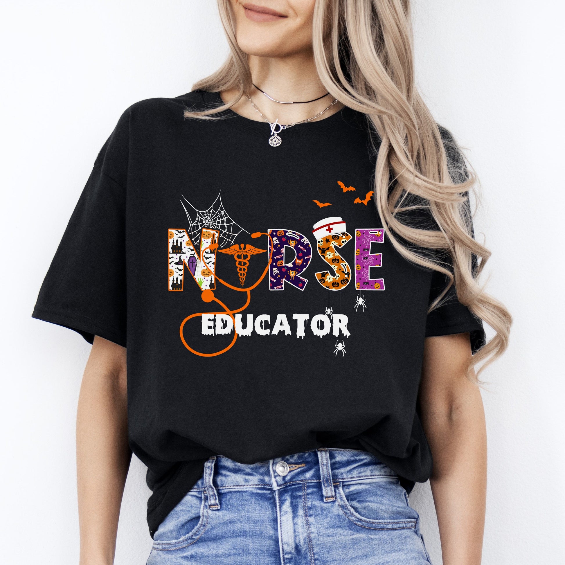 Nurse educator Halloween Unisex T-Shirt Scary Spooky Nursing Professor tee Black Dark Heather-Black-Family-Gift-Planet