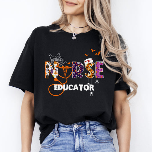 Nurse educator Halloween Unisex T-Shirt Scary Spooky Nursing Professor tee Black Dark Heather-Black-Family-Gift-Planet