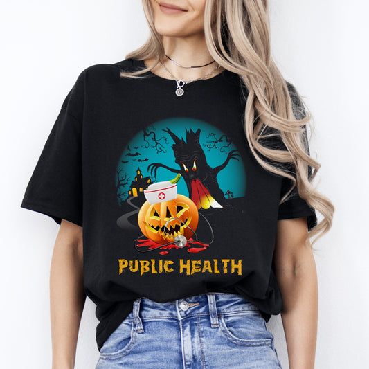 Public health Halloween Unisex T-Shirt Scary Spooky PH essential worker Public health nurse tee Black Dark Heather-Black-Family-Gift-Planet