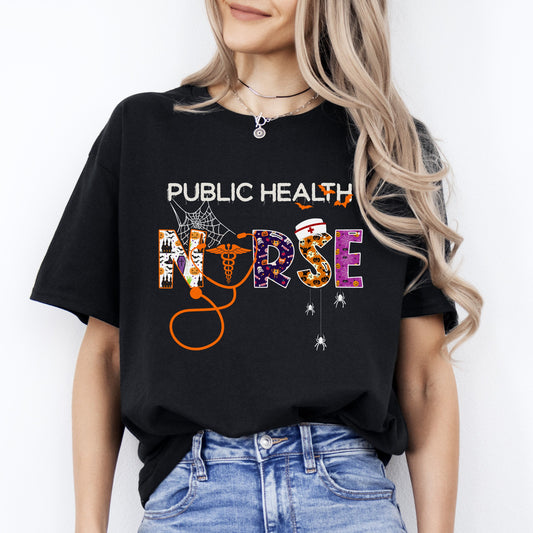 Public health nurse Halloween Unisex T-Shirt Scary Spooky Healthcare worker tee Black Dark Heather-Black-Family-Gift-Planet