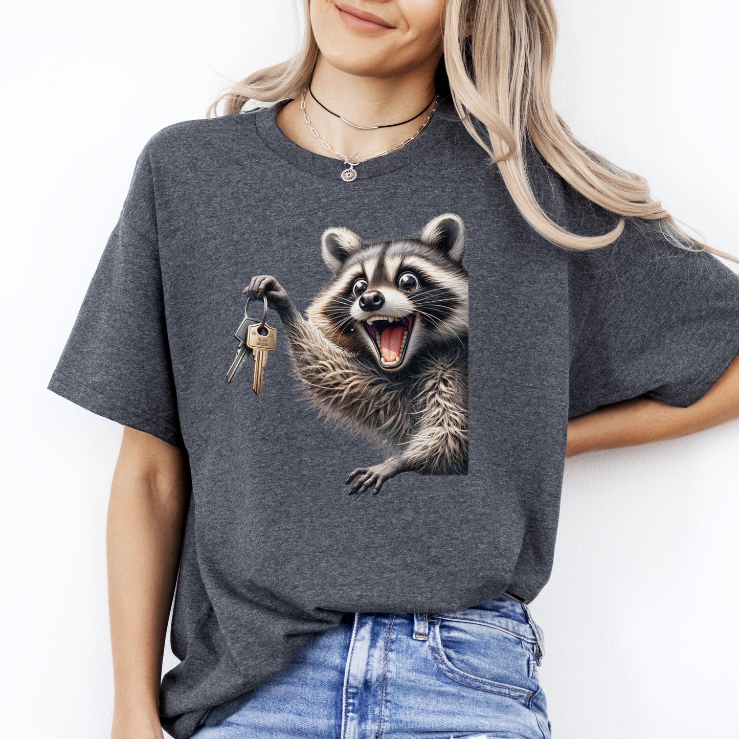 Realtor T-Shirt Racoon with key Real estate agent homeowner Unisex tee Black Navy Dark Heather-Dark Heather-Family-Gift-Planet