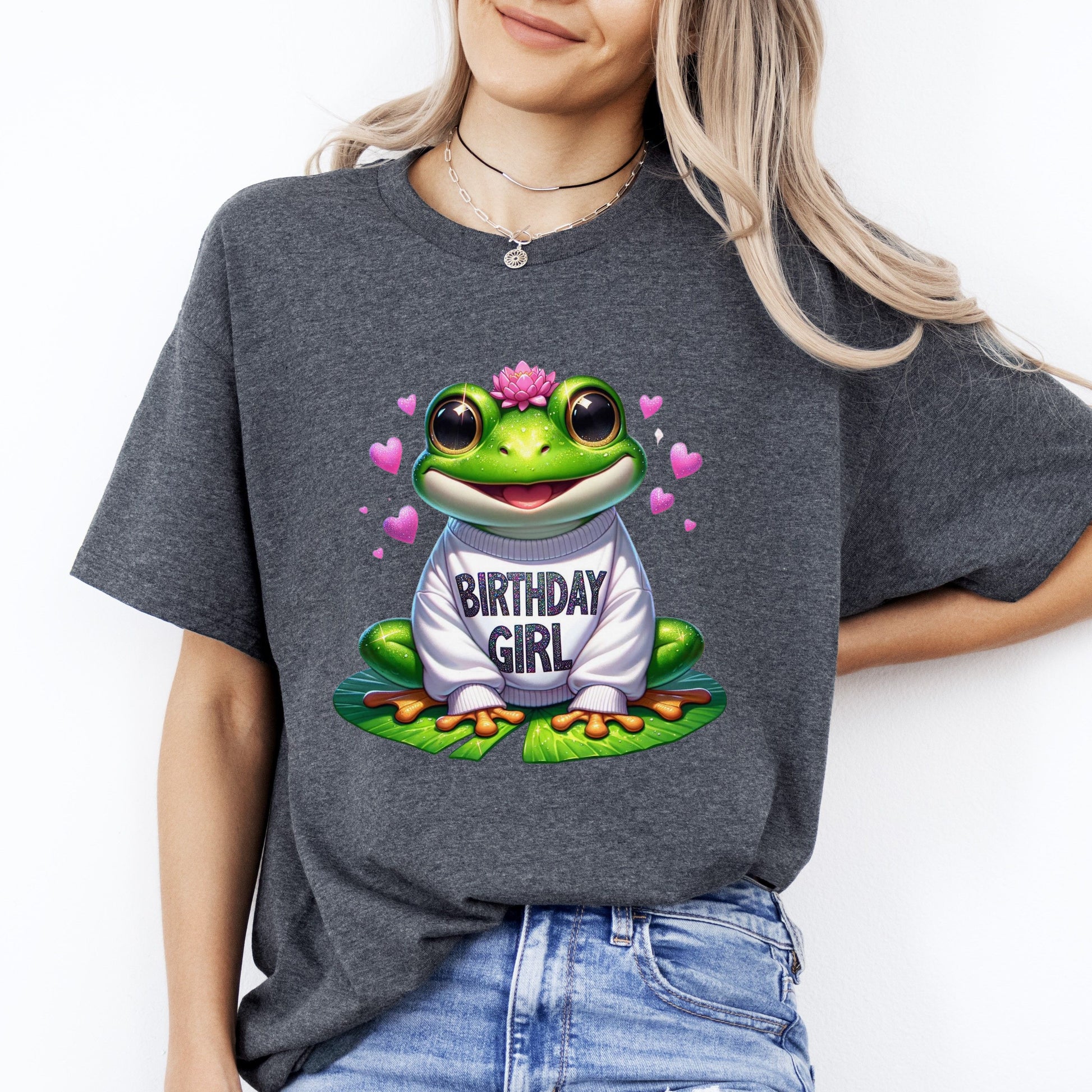 Frog Birthday Girl T-Shirt gift Smiling Birthday Frog hearts Unisex tee Black Navy Dark Heather-Dark Heather-Family-Gift-Planet