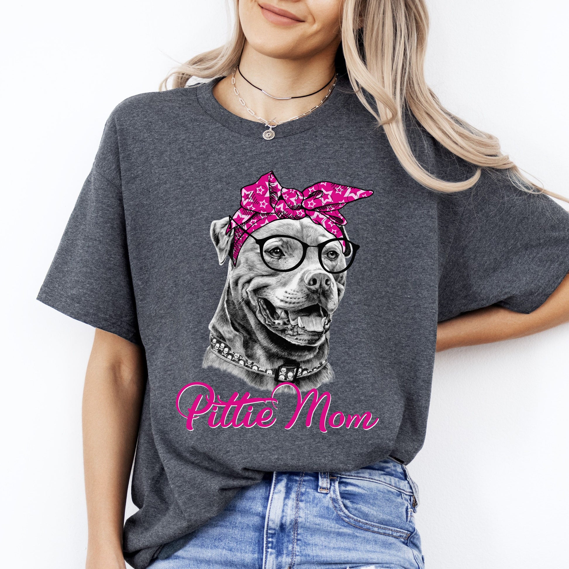 Pittie Mom T-Shirt gift pink Pitbull Dog mama Unisex tee Black Navy Dark Heather-Dark Heather-Family-Gift-Planet