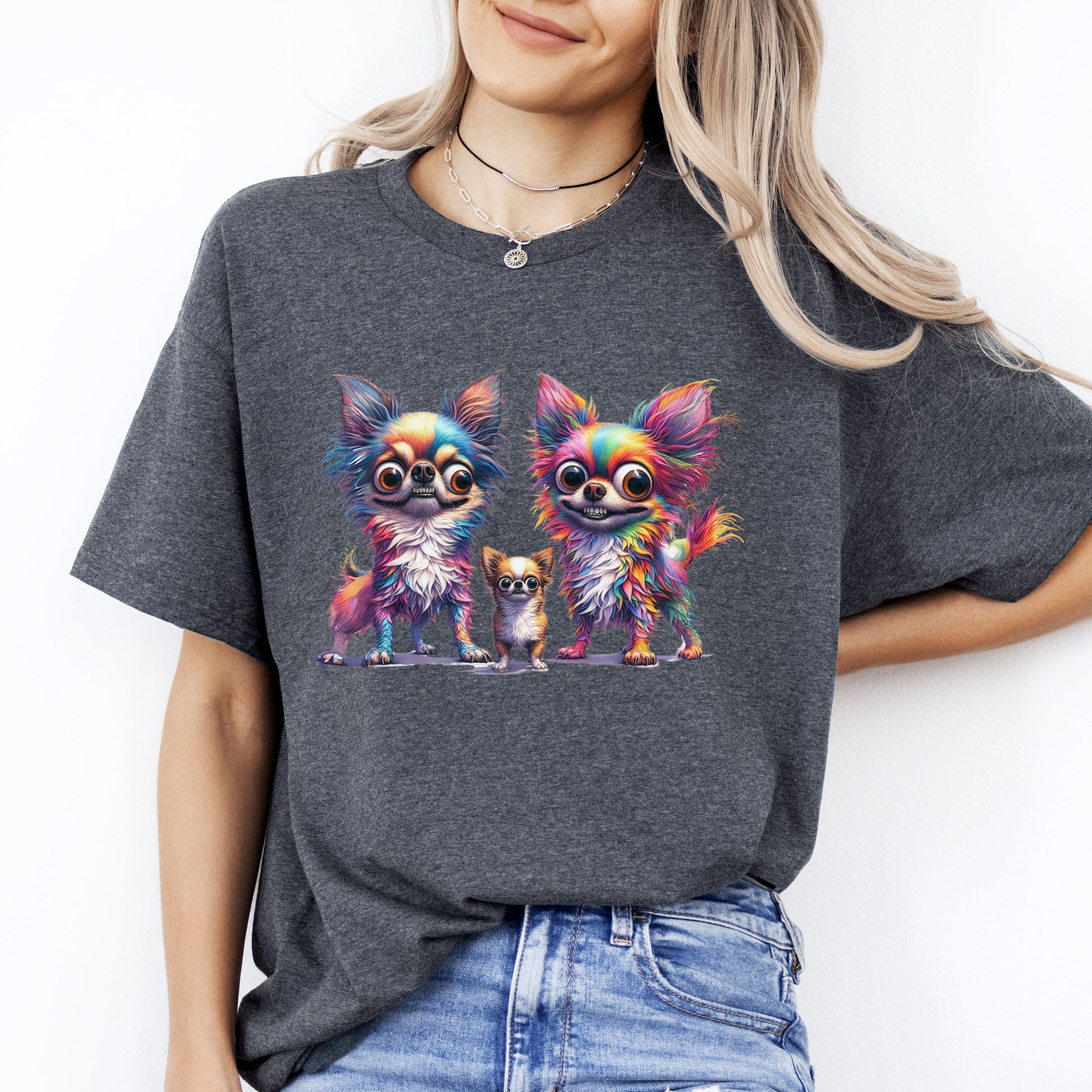 Chihuahua family T-Shirt gift Three colorful Chihuahua dog mama Unisex tee Black Navy Dark Heather-Dark Heather-Family-Gift-Planet