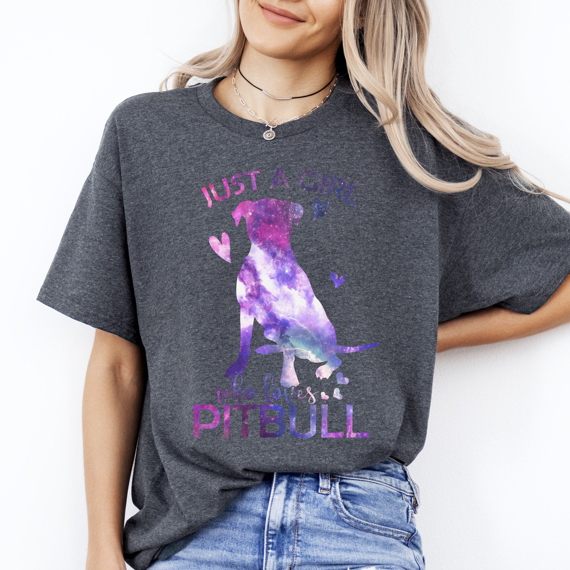 Just a girl who loves Pitbull T-Shirt gift Pitbull Dog mom Unisex tee Black Navy Dark Heather-Dark Heather-Family-Gift-Planet