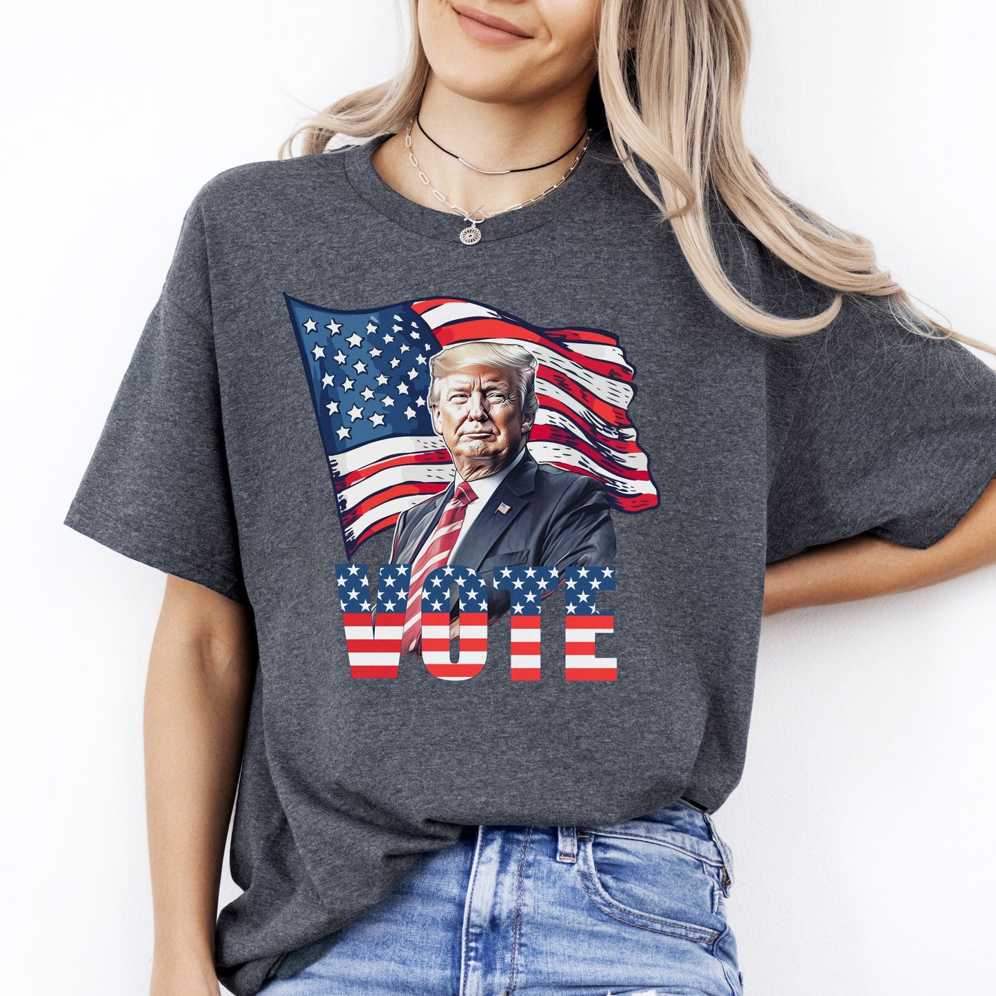 Vote T-Shirt US election 2024 Trump American flag Unisex tee Black Navy Dark Heather-Dark Heather-Family-Gift-Planet