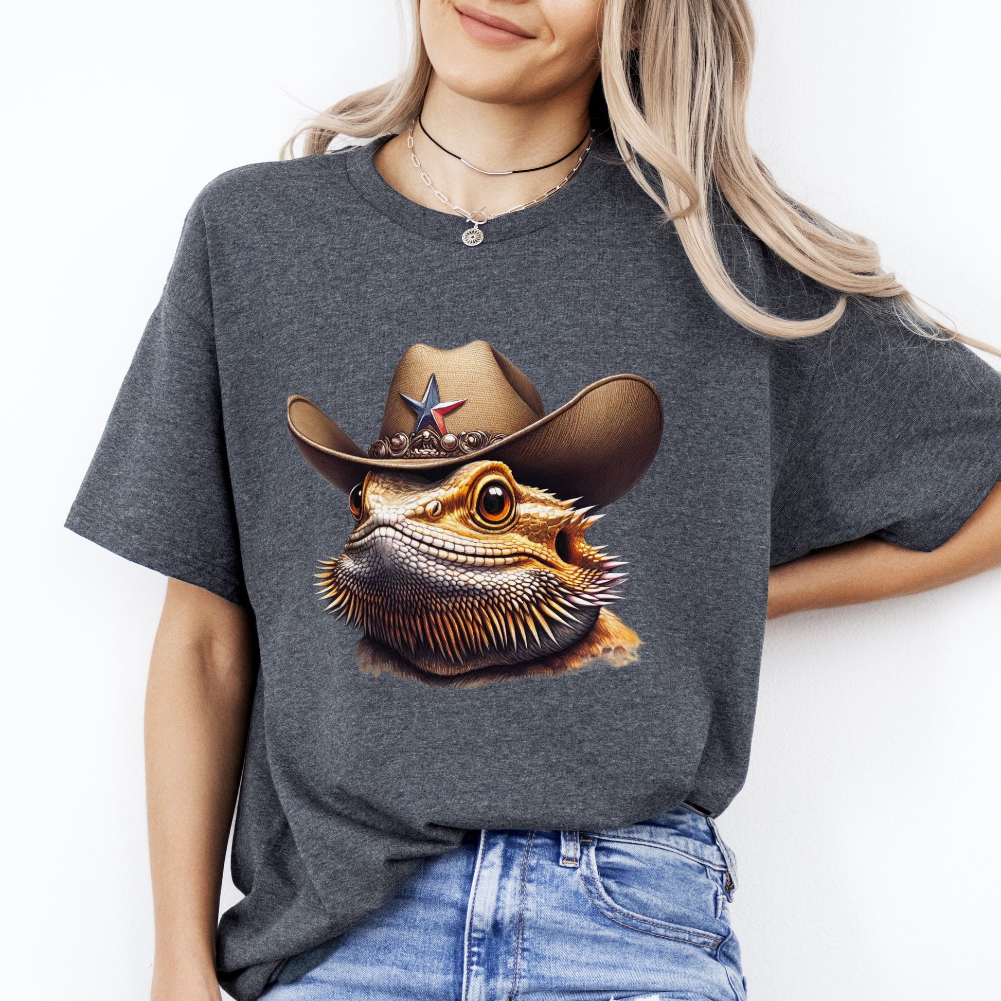 Bearded Dragon in hat T-Shirt gift Texas Sheriff Bearded Dragon Unisex tee Black Navy Dark Heather-Dark Heather-Family-Gift-Planet