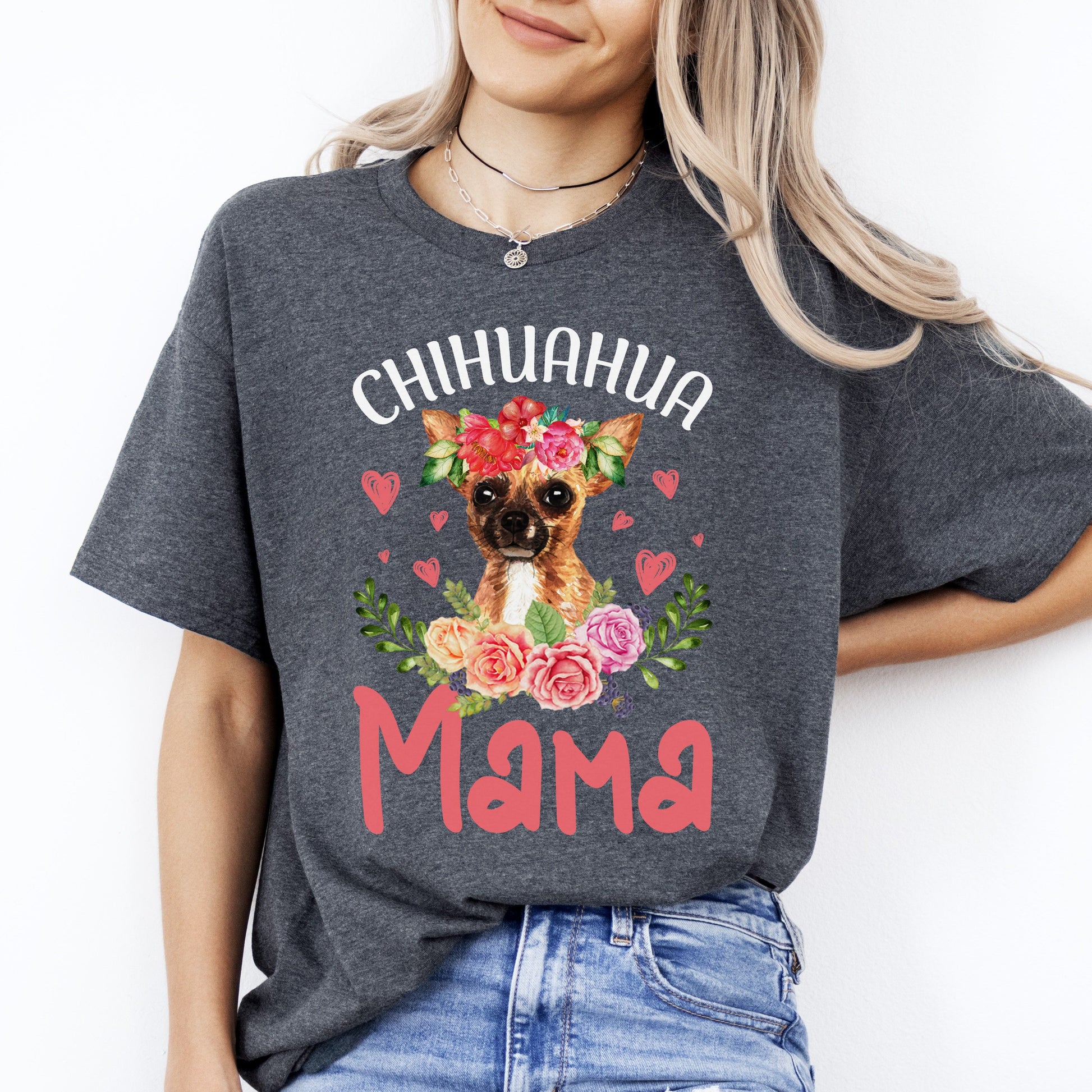 Chihuahua Mama T-Shirt gift Flowers Chihuahua Dog mom Unisex tee Black Navy Dark Heather-Dark Heather-Family-Gift-Planet