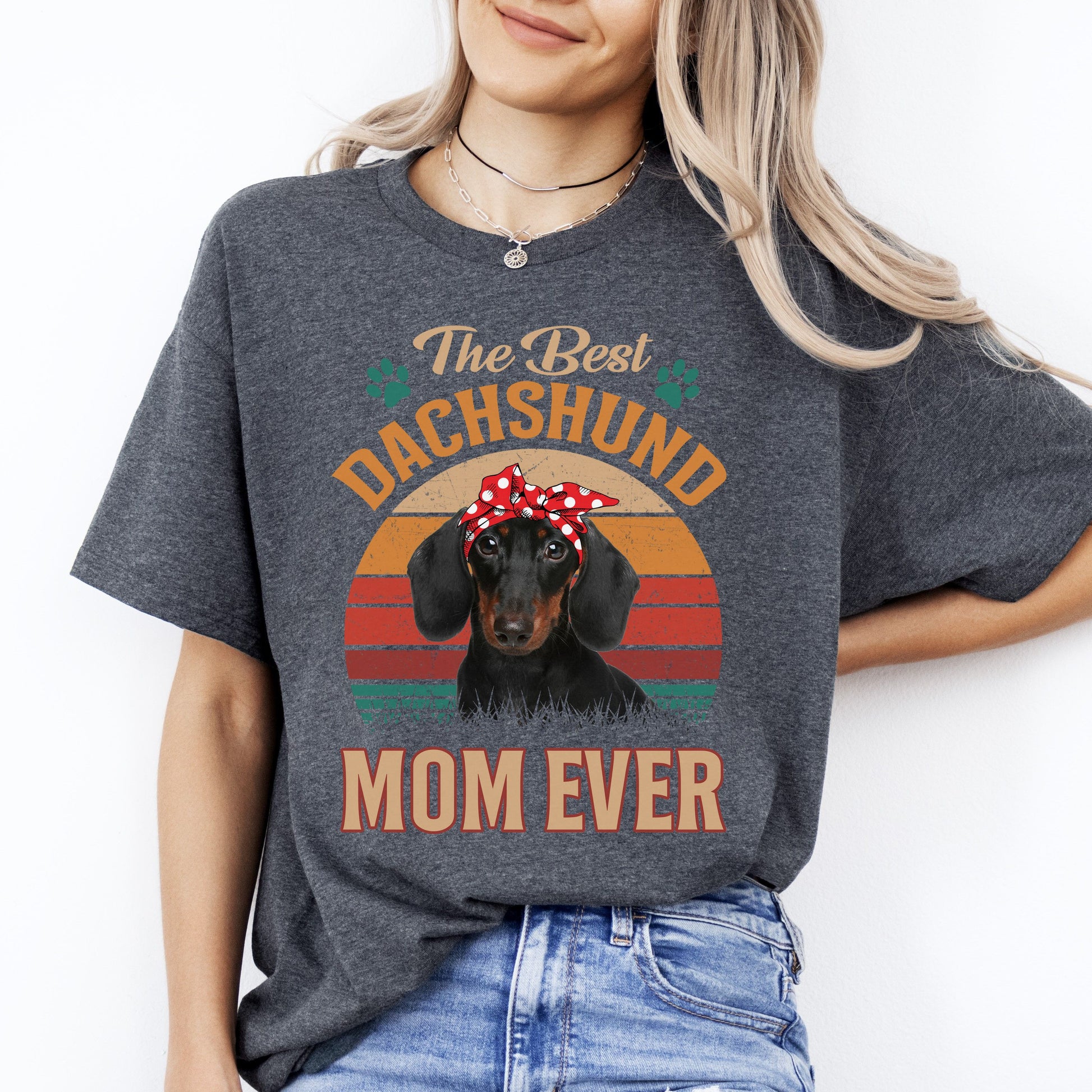 The Best Dachshund Mom Ever T-Shirt gift Retro Dachshund Dog mama Unisex tee Black Navy Dark Heather-Dark Heather-Family-Gift-Planet