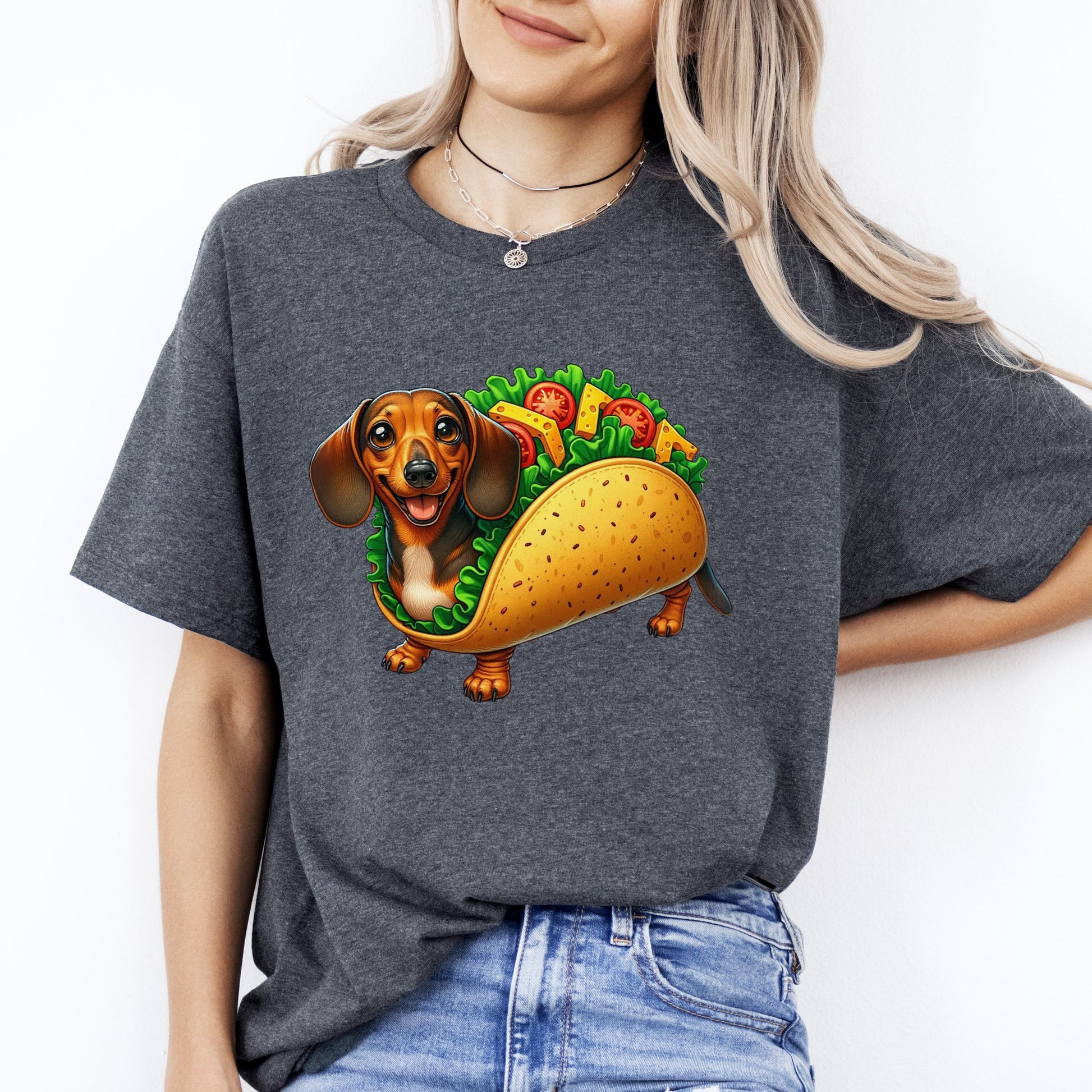 Dachshund Taco T-Shirt gift Taco lover Dachshund dog mom Unisex tee Black Navy Dark Heather-Dark Heather-Family-Gift-Planet