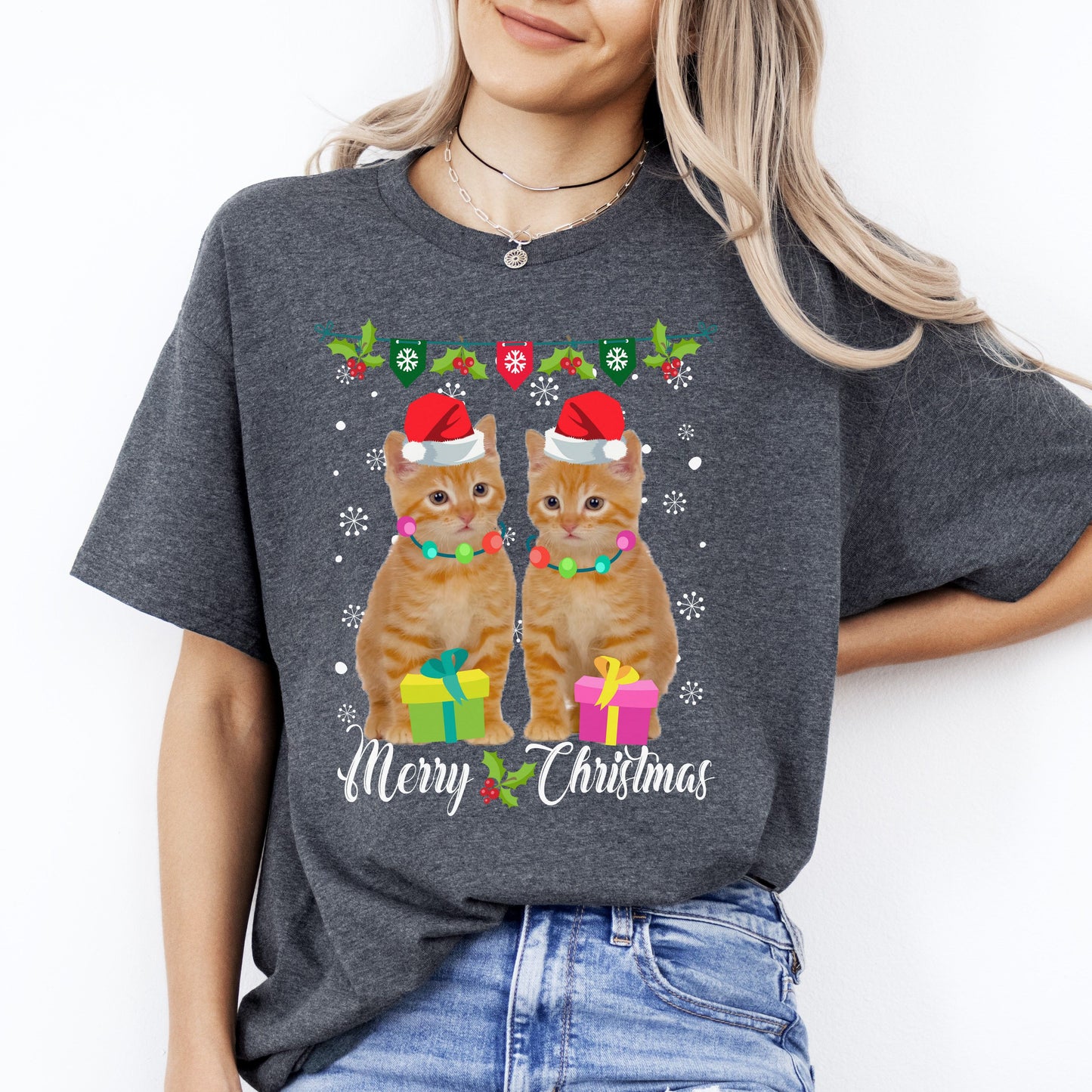 2 Cats Merry Christmas T-Shirt gift Christmas Cat mom Unisex Tee Black Navy Dark Heather-Dark Heather-Family-Gift-Planet