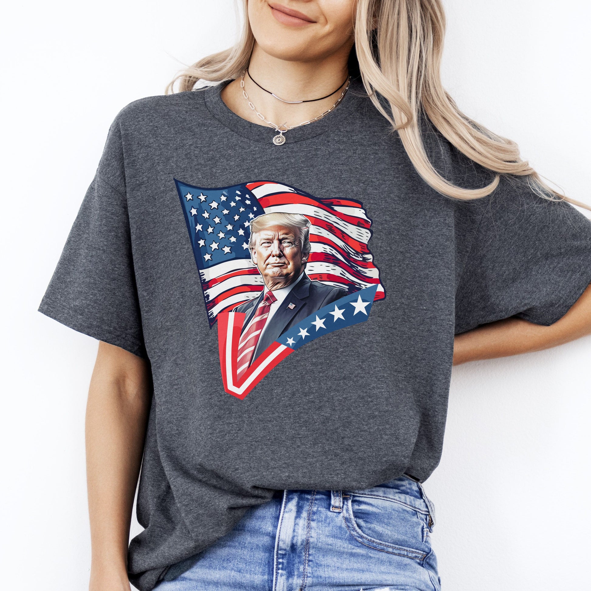 Vote Trump T-Shirt American flag 2024 US election Unisex tee Black Navy Dark Heather-Dark Heather-Family-Gift-Planet