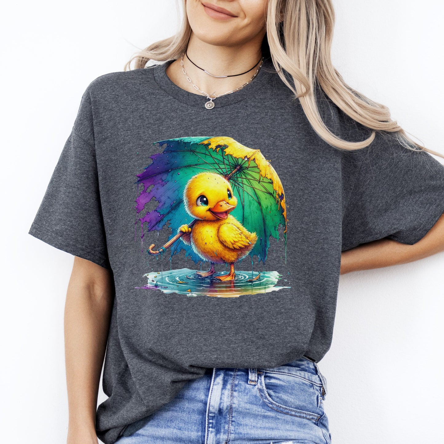 Happy Chick in the rain with umbrella T-Shirt Positive Unisex tee Black Navy Dark Heather-Dark Heather-Family-Gift-Planet