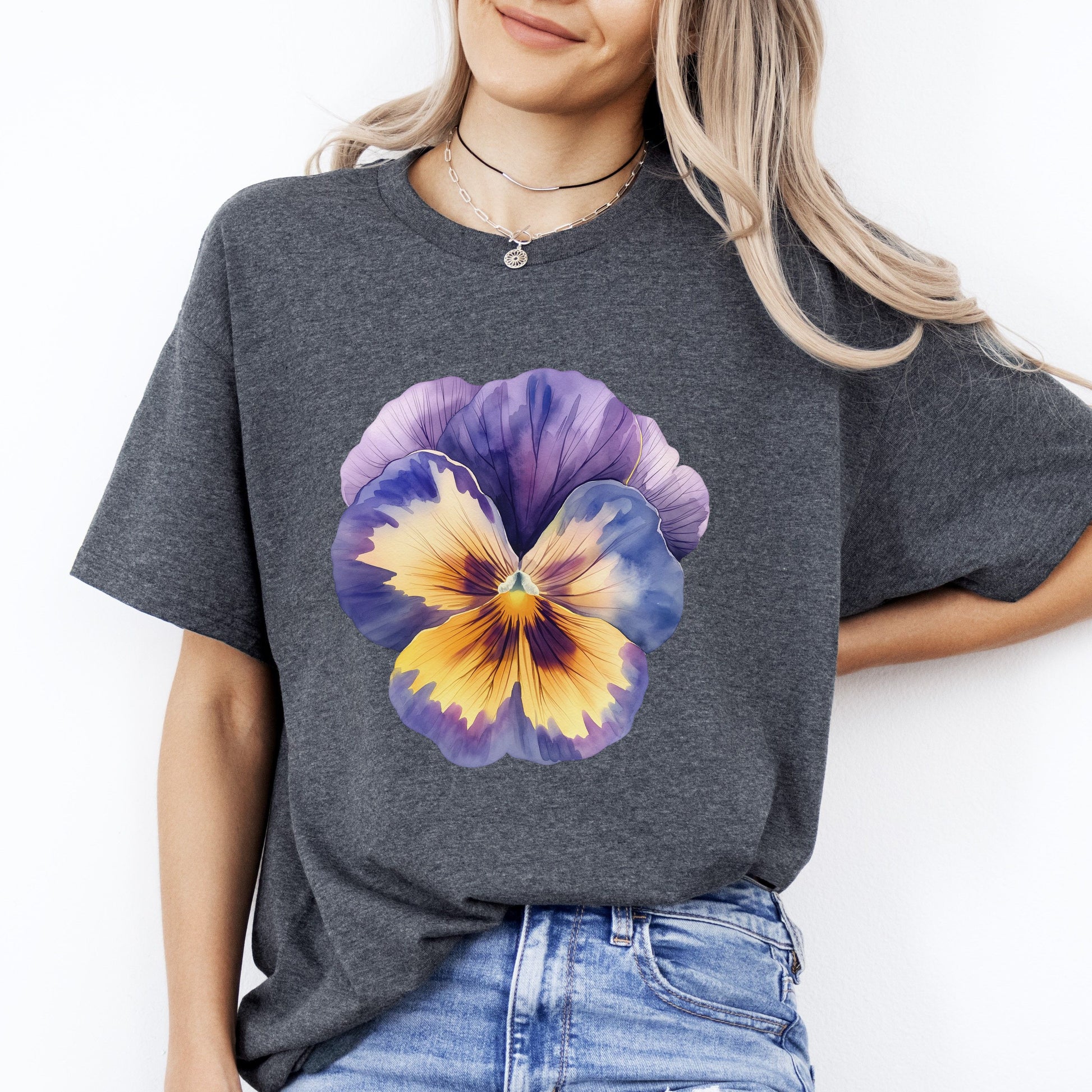 Violet flower watercolor T-Shirt gift Mother's day Unisex tee Black Navy Dark Heather-Dark Heather-Family-Gift-Planet