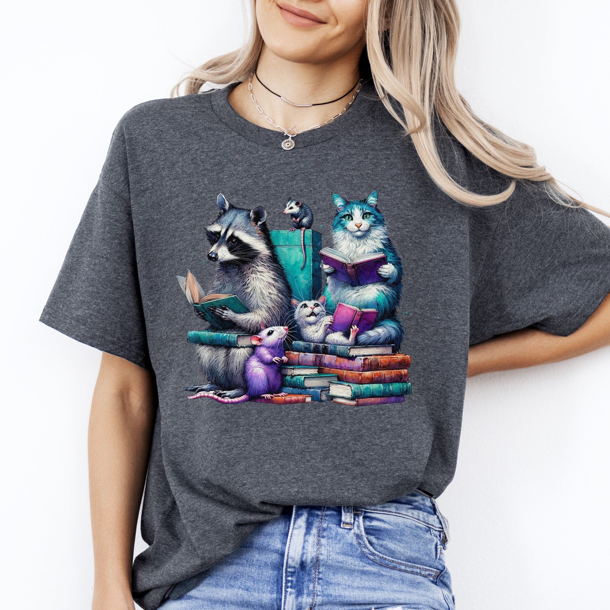 Reading squad T-Shirt Racoon cat mouse reading team Unisex tee Black Navy Dark Heather-Dark Heather-Family-Gift-Planet