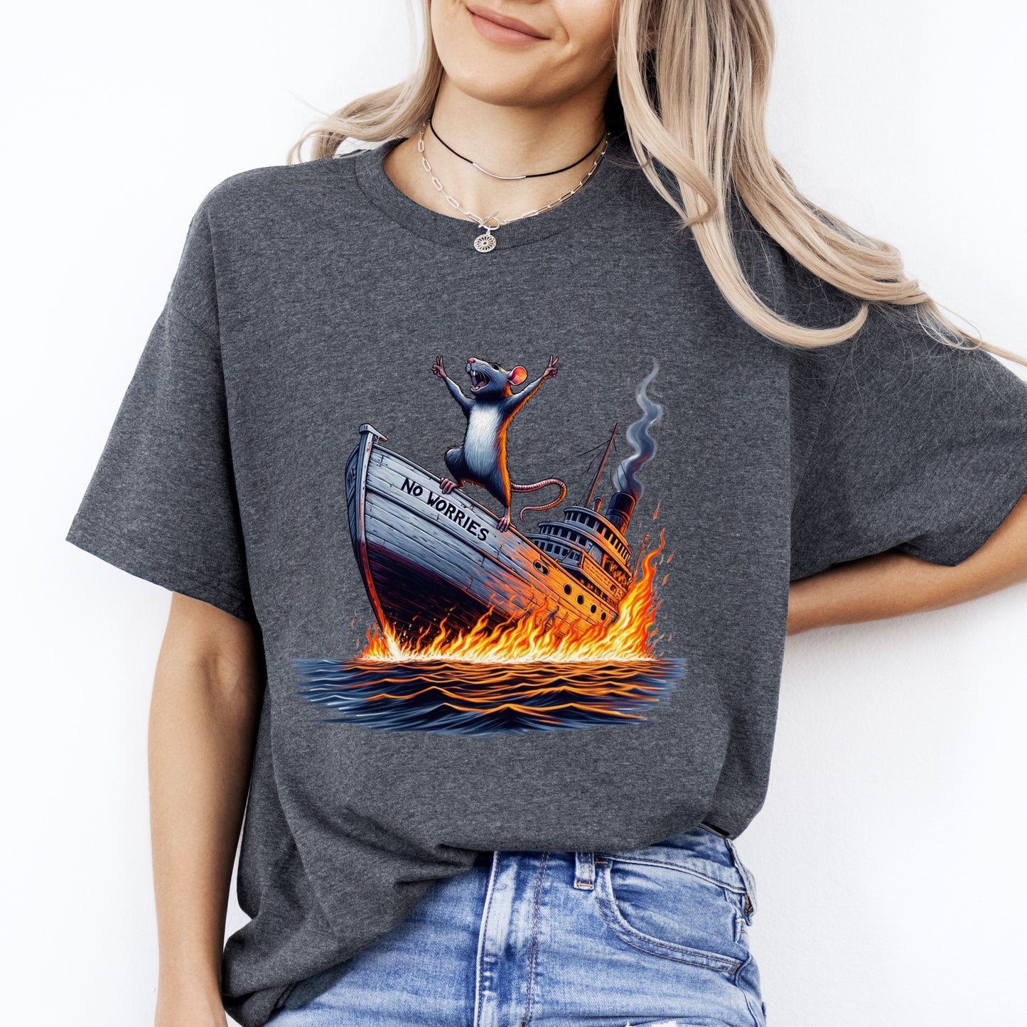 No worries Positive T-Shirt gift Funny Sinking ship Unisex tee Black Navy Dark Heather-Dark Heather-Family-Gift-Planet