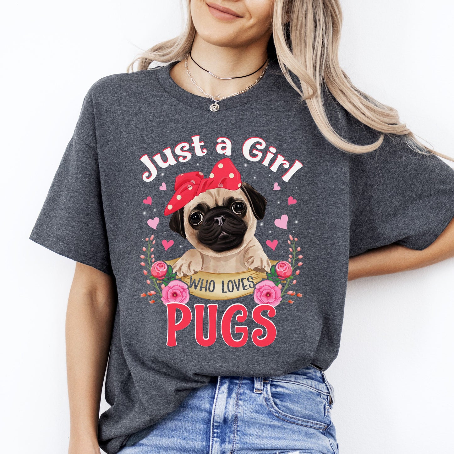 Just a girl who loves pugs T-Shirt gift Pugs Dog mom Unisex tee Black Navy Dark Heather-Dark Heather-Family-Gift-Planet