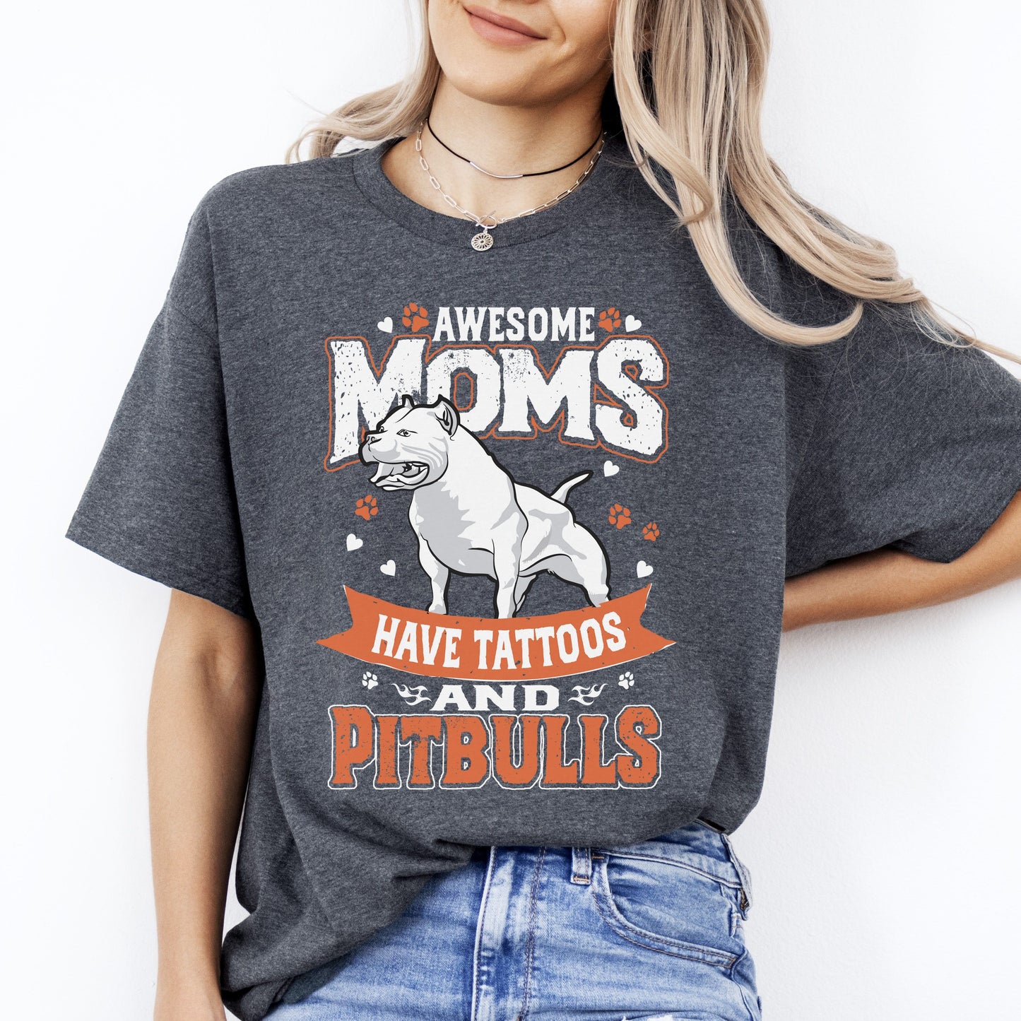 Tattooed Pitbull Mom T-Shirt gift Pitbull Dog mom Unisex tee Black Navy Dark Heather-Dark Heather-Family-Gift-Planet