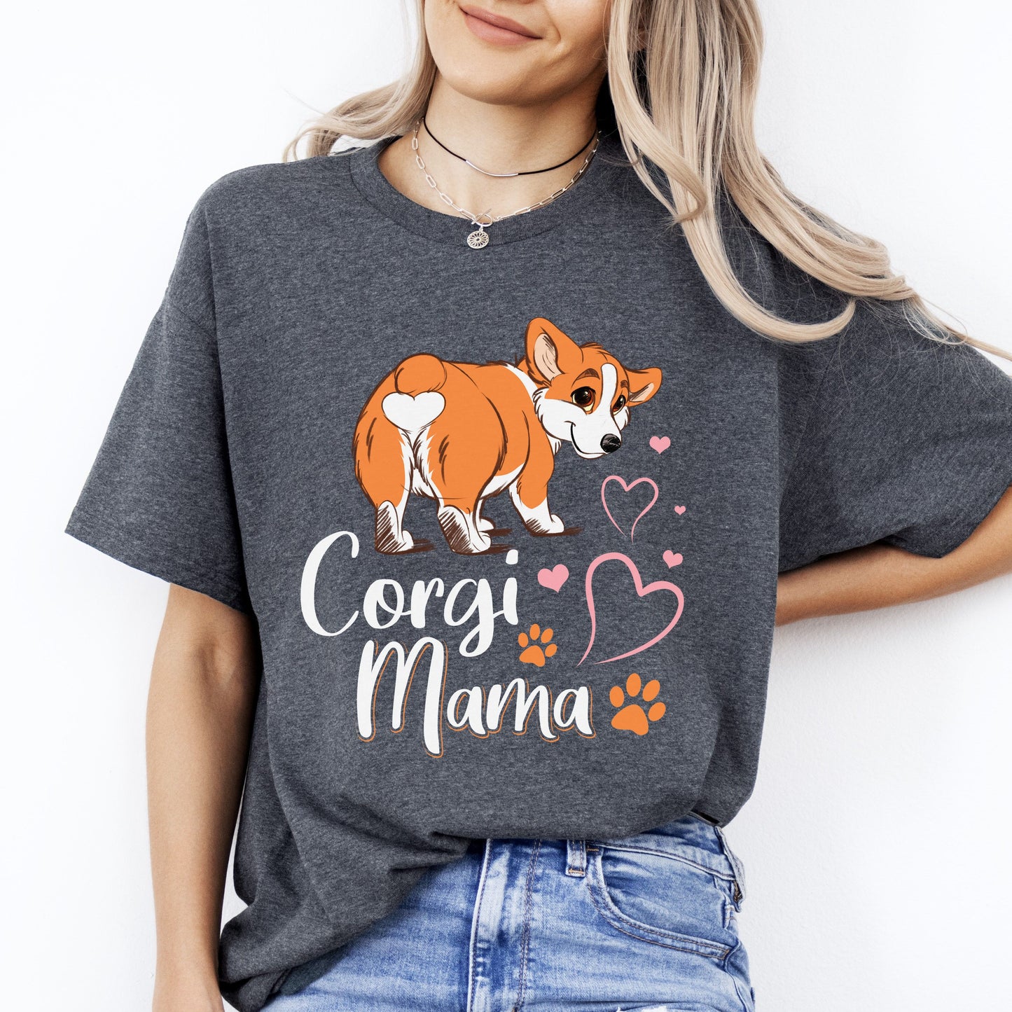 Corgi Mama T-Shirt gift heart paws Corgi Dog mom Unisex tee Black Navy Dark Heather-Dark Heather-Family-Gift-Planet