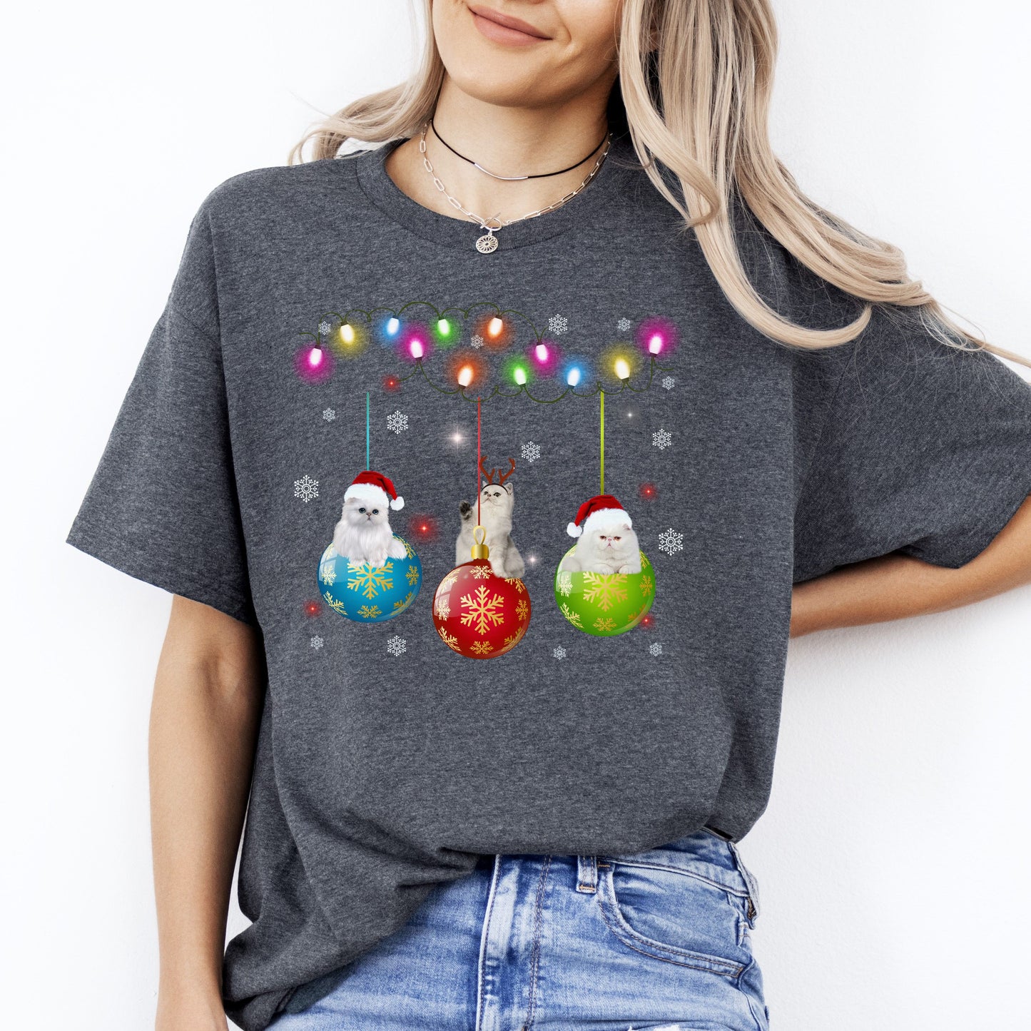 Cat Christmas T-Shirt gift Christmas tree lamps Cat mom Unisex Tee Black Navy Dark Heather-Family-Gift-Planet