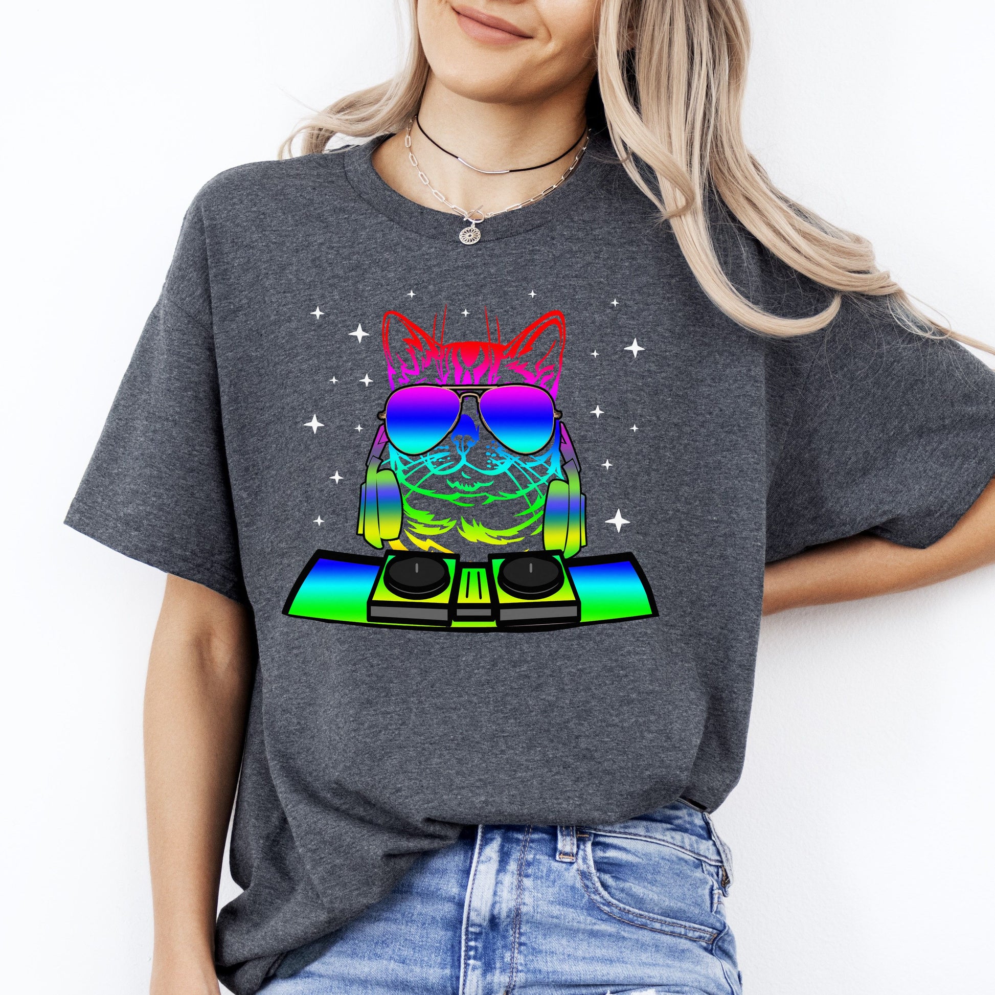 Cat DJ T-Shirt gift Neon Disco Cat mom Unisex Tee Black Navy Dark Heather-Dark Heather-Family-Gift-Planet