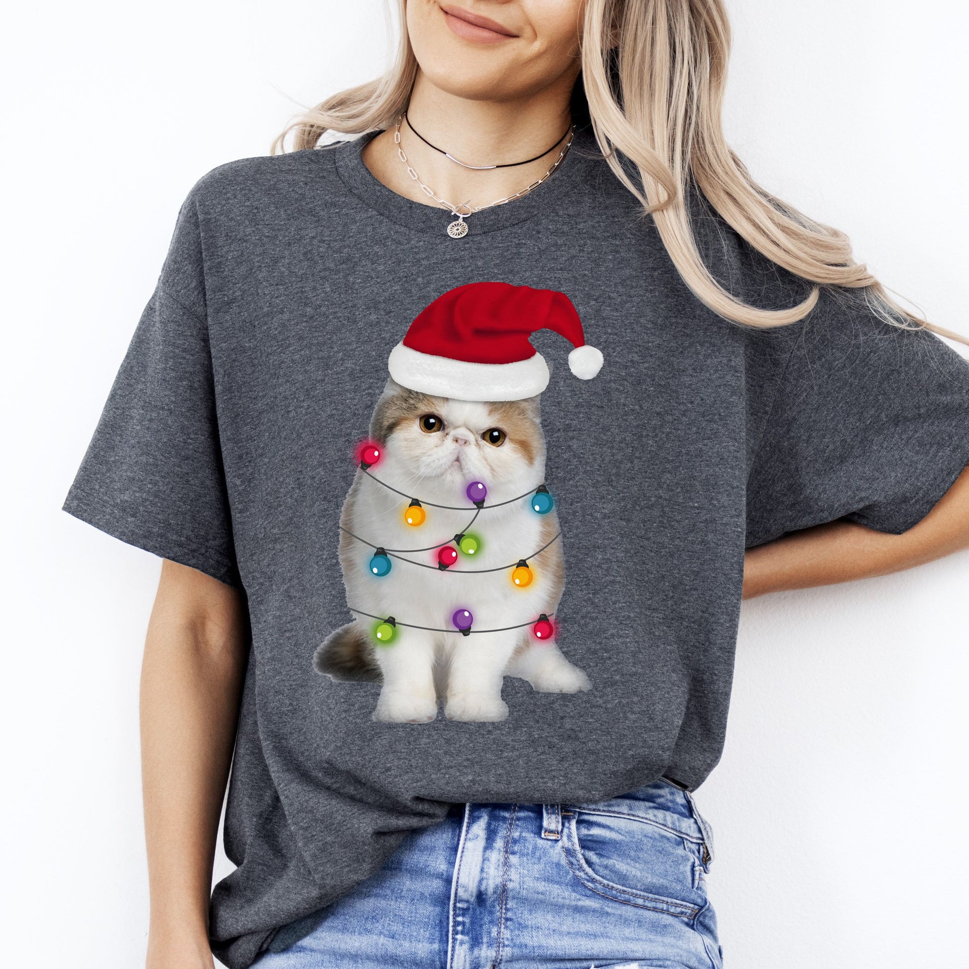 Cat Noel T-Shirt gift Christmas lamp Santa Cat mom Unisex Tee Black Navy Dark Heather-Dark Heather-Family-Gift-Planet