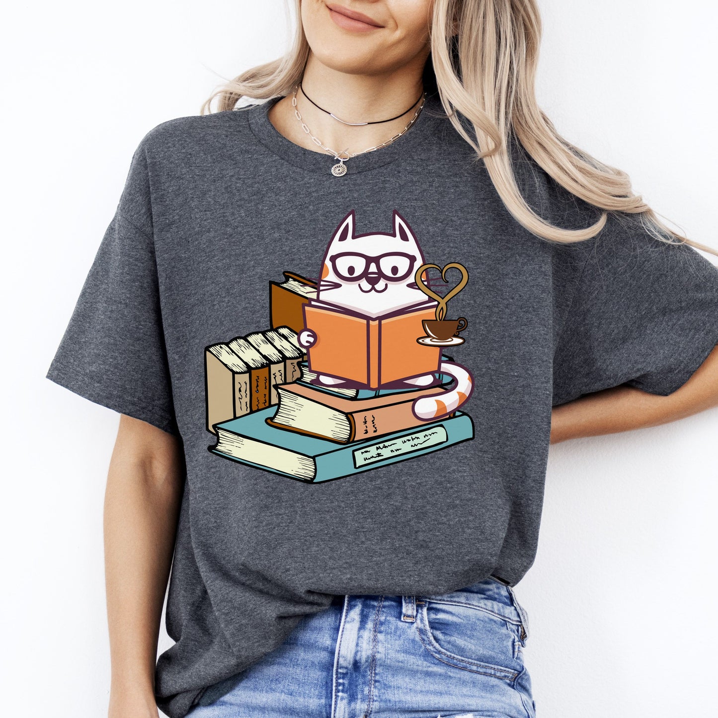 Cat Reading Book T-Shirt gift Coffee books Cat mom Unisex Tee Black Navy Dark Heather-Dark Heather-Family-Gift-Planet