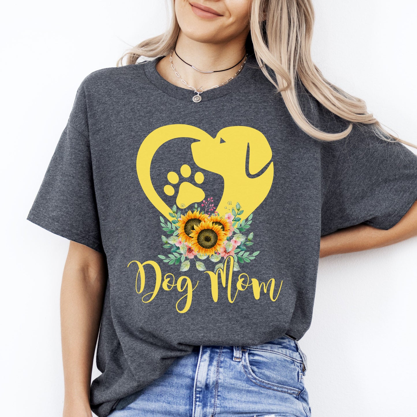 Dog Mom Heart T-Shirt gift Floral Dog mama Unisex tee Black Navy Dark Heather-Dark Heather-Family-Gift-Planet