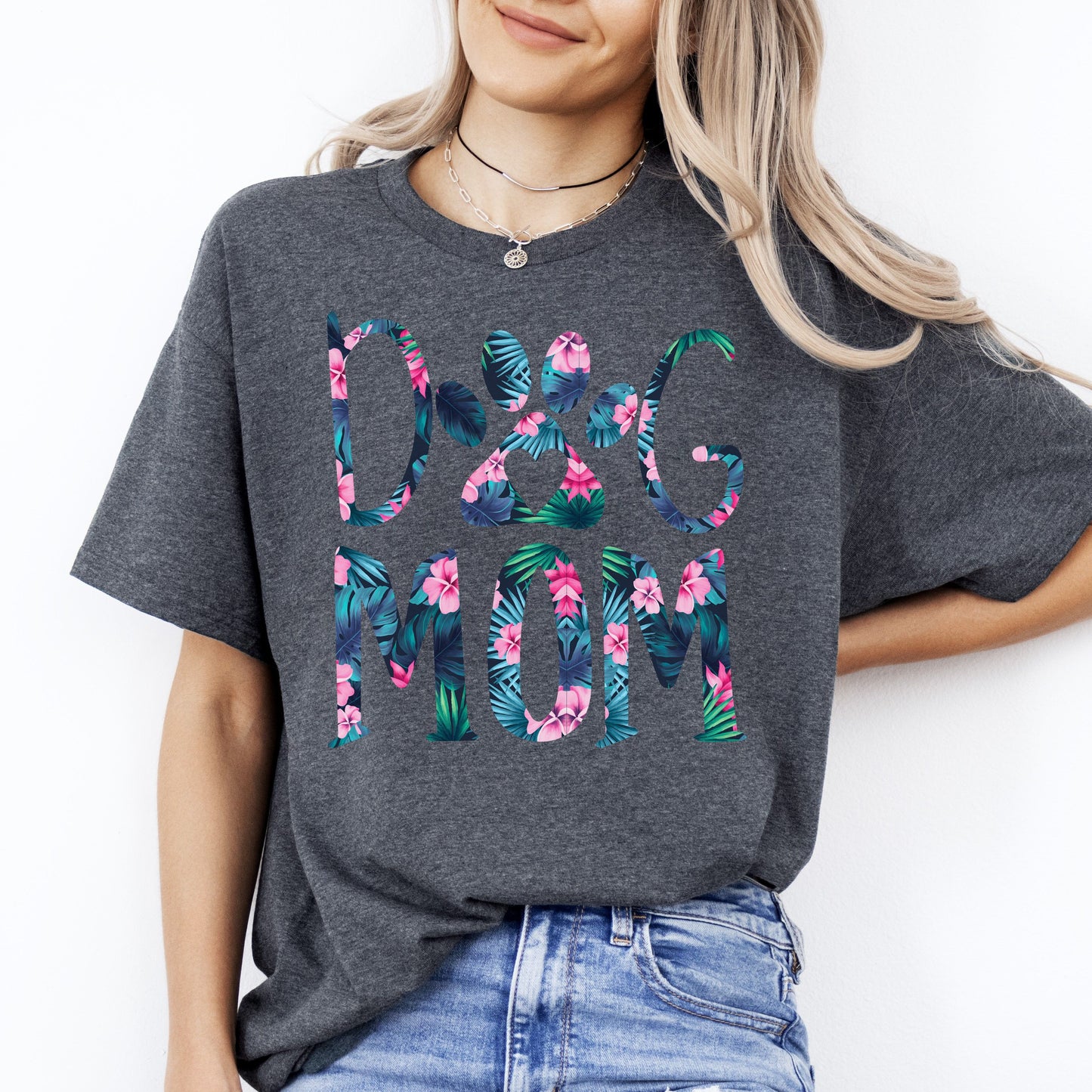 Dog Mom jungle T-Shirt gift Flowers Leaves Dog mom Unisex tee Black Navy Dark Heather-Dark Heather-Family-Gift-Planet