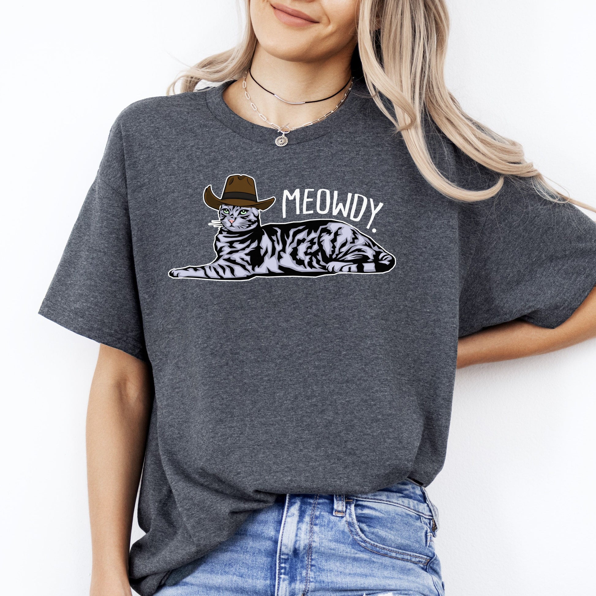 Meowdy T-Shirt gift Texas Cat with hat Cat mom Unisex Tee Black Navy Dark Heather-Dark Heather-Family-Gift-Planet