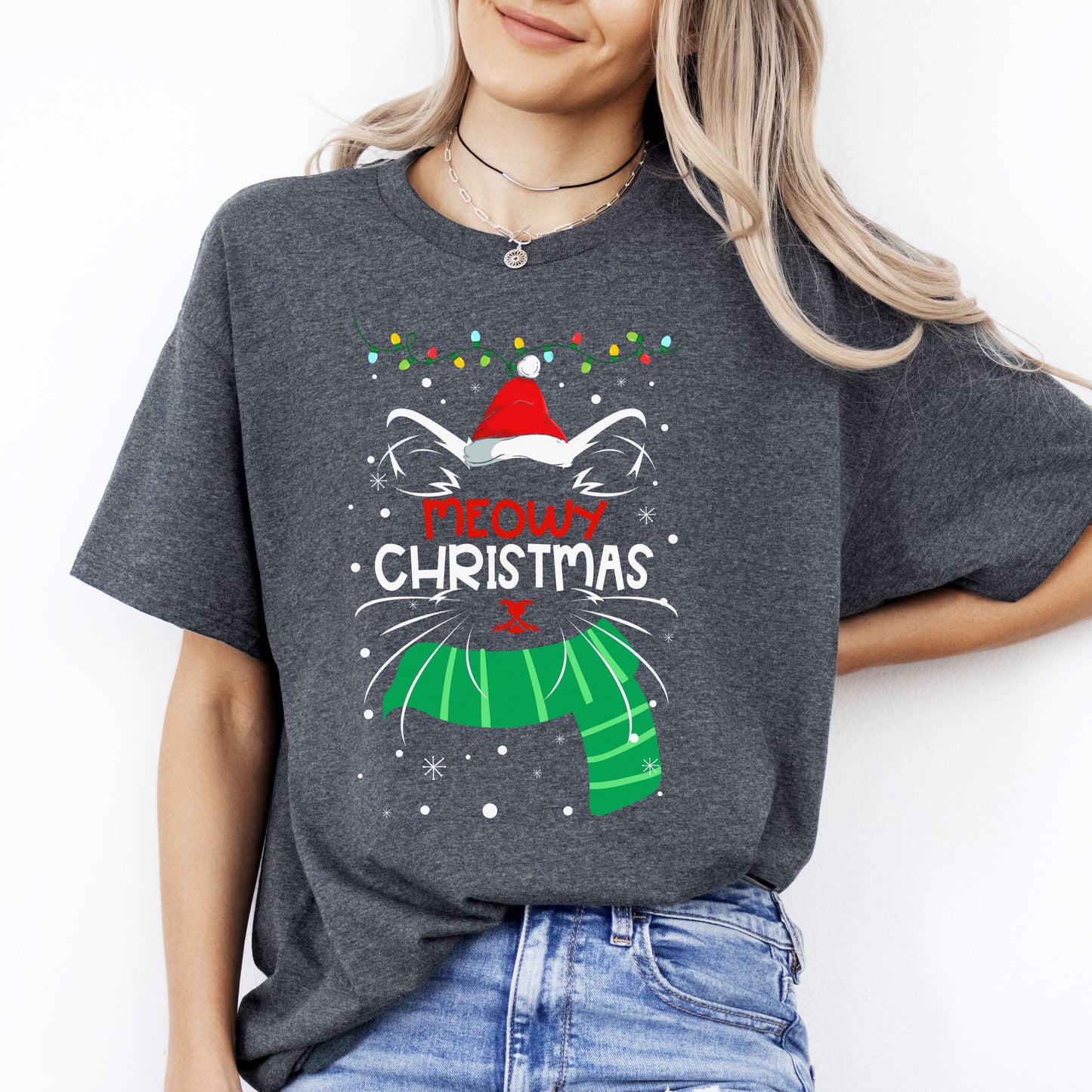 Meowy Christmas T-Shirt gift Christmas Cat mom Unisex Tee Black Navy Dark Heather-Dark Heather-Family-Gift-Planet