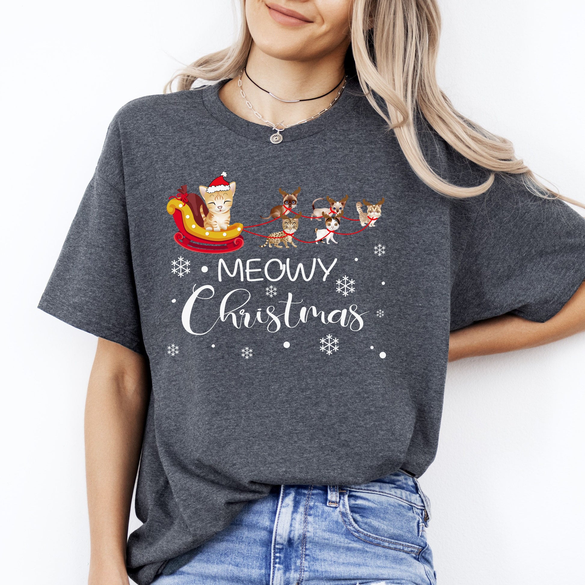 Meowy Christmas Design T-Shirt gift Cat Santa Cat mom Unisex Tee Black Navy Dark Heather-Dark Heather-Family-Gift-Planet