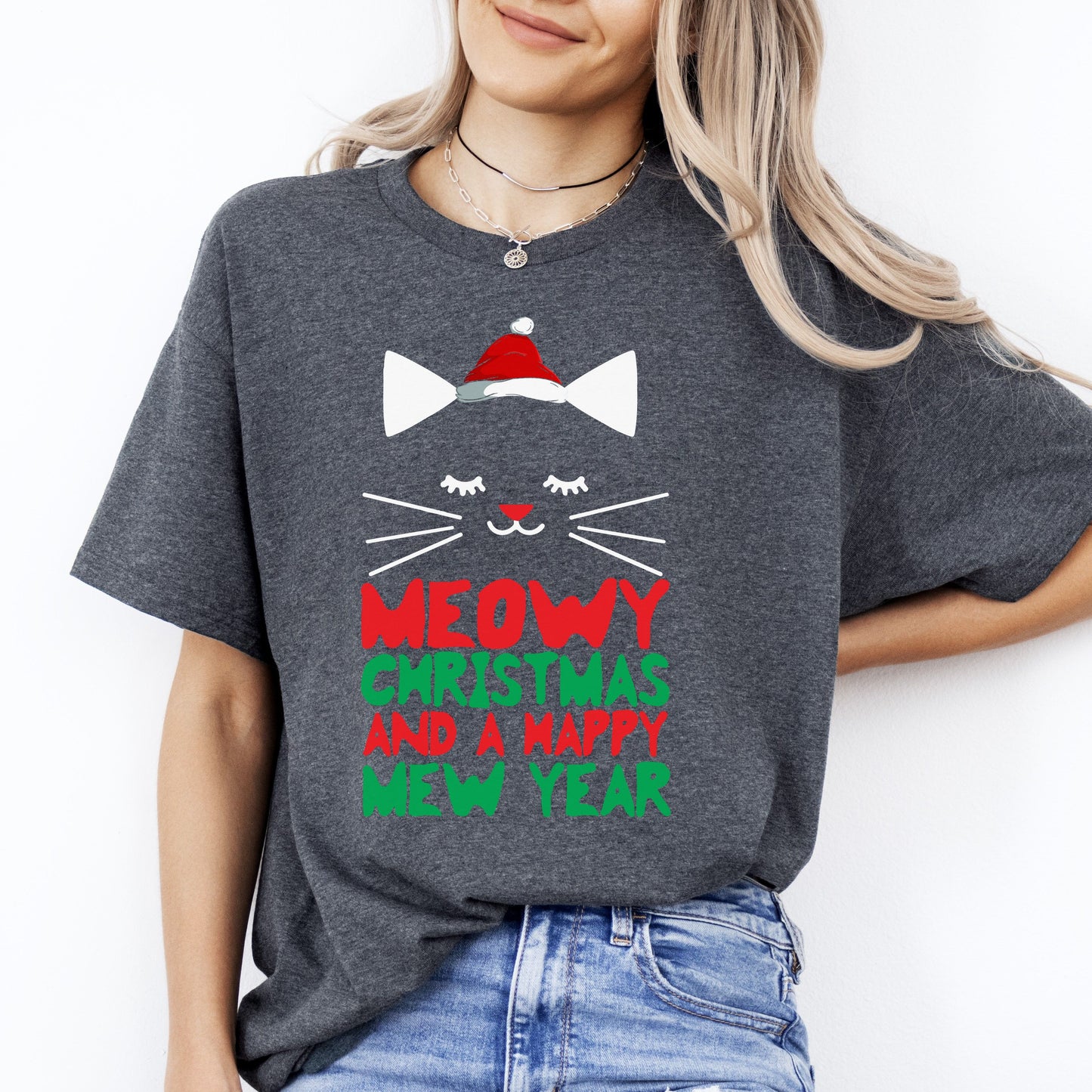 Meowy Christmas and a Happy mew year T-Shirt gift Holiday Cat lover Unisex Tee Black Navy Dark Heather-Dark Heather-Family-Gift-Planet