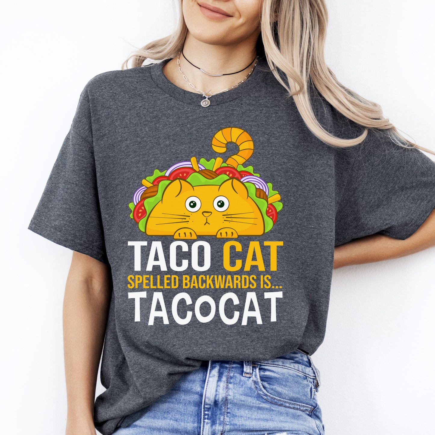 Taco Cat Spelled backwards T-Shirt gift Taco lover Cat mom Unisex Tee Black Navy Dark Heather-Dark Heather-Family-Gift-Planet