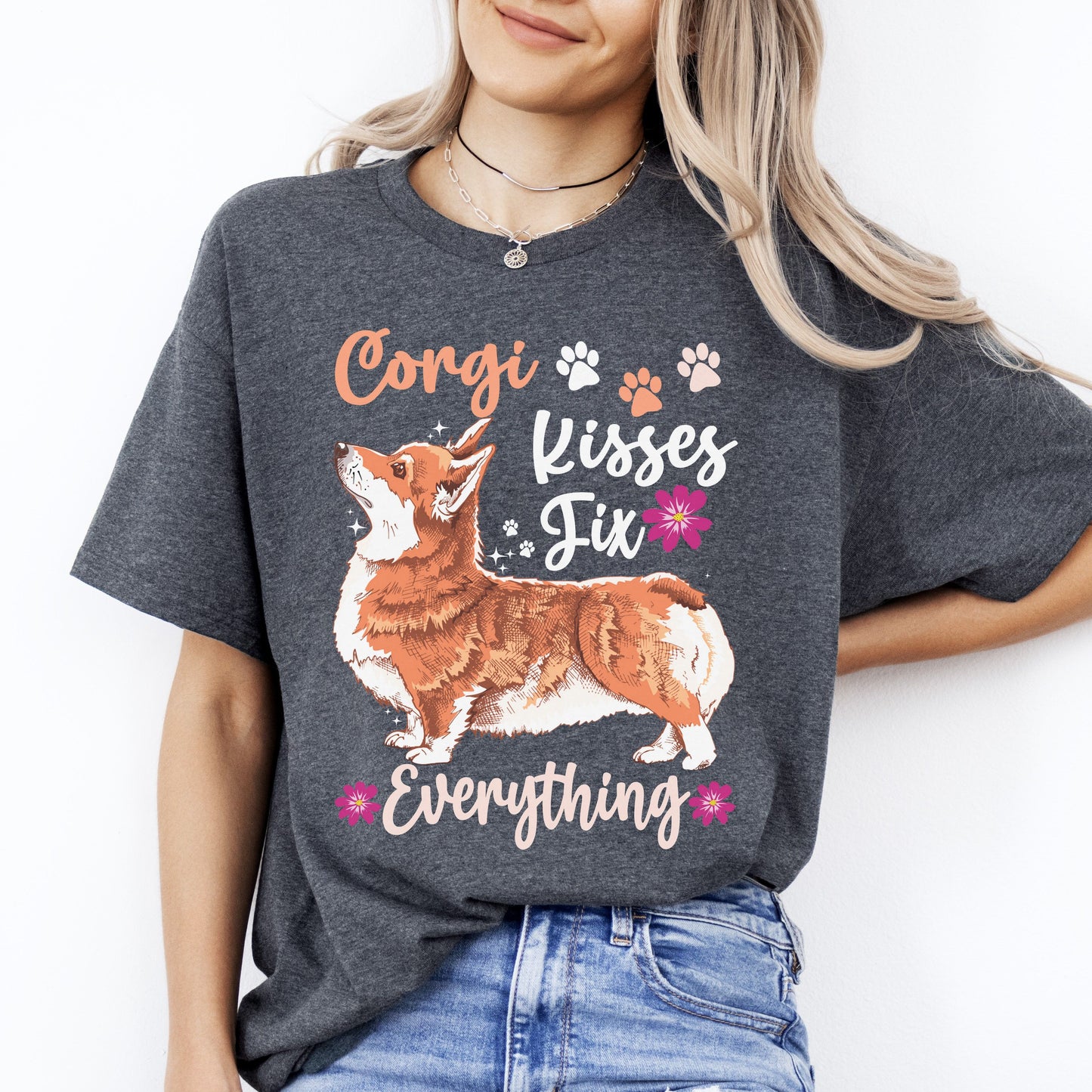 Corgi kisses fix everything T-Shirt gift Cute Corgi Dog mom Unisex tee Black Navy Dark Heather-Dark Heather-Family-Gift-Planet