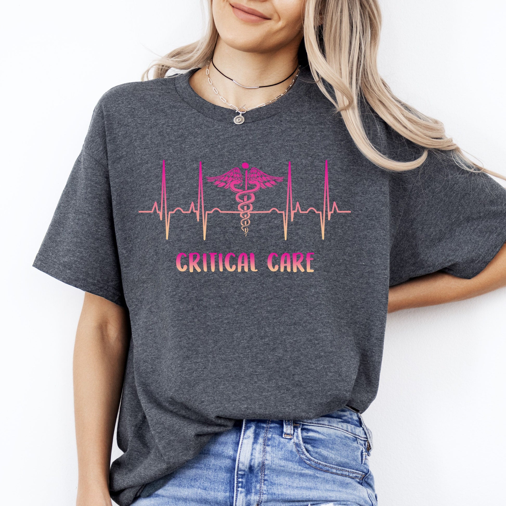 Critical care Heartbeat T-Shirt CCU intensive care nurse heart beat Unisex Tee Black Navy Dark Heather-Dark Heather-Family-Gift-Planet