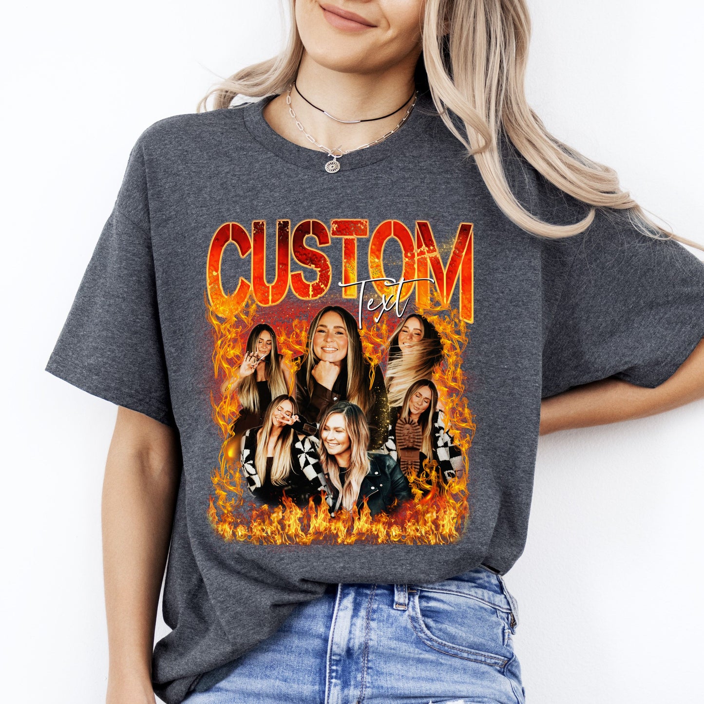 Custom Flame Bootleg rap T-Shirt gift Fire Bachelorette party Your own photo Unisex Tee Black Navy Dark Heather-Dark Heather-Family-Gift-Planet