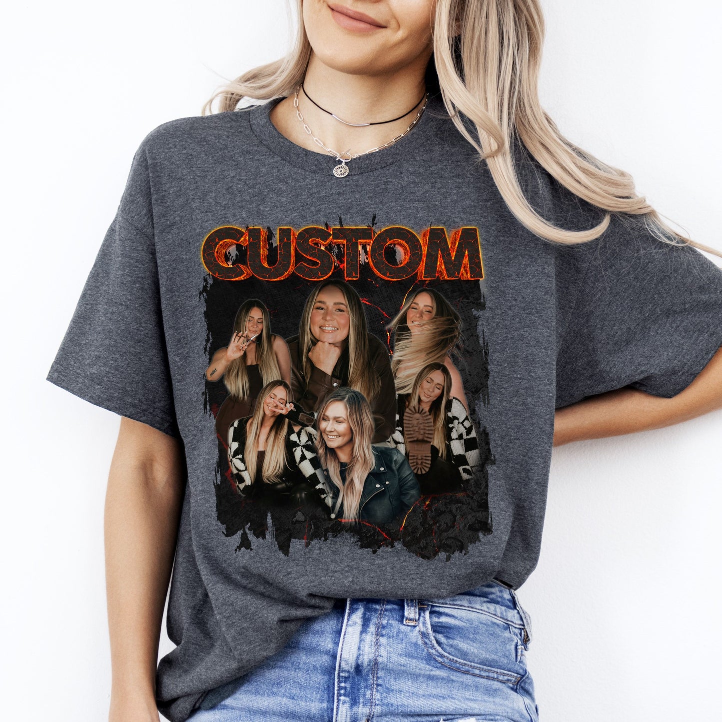 Custom Lava bootleg rap T-Shirt gift Personalized Fire Volcano Your own photo Unisex Tee Black Navy Dark Heather-Dark Heather-Family-Gift-Planet