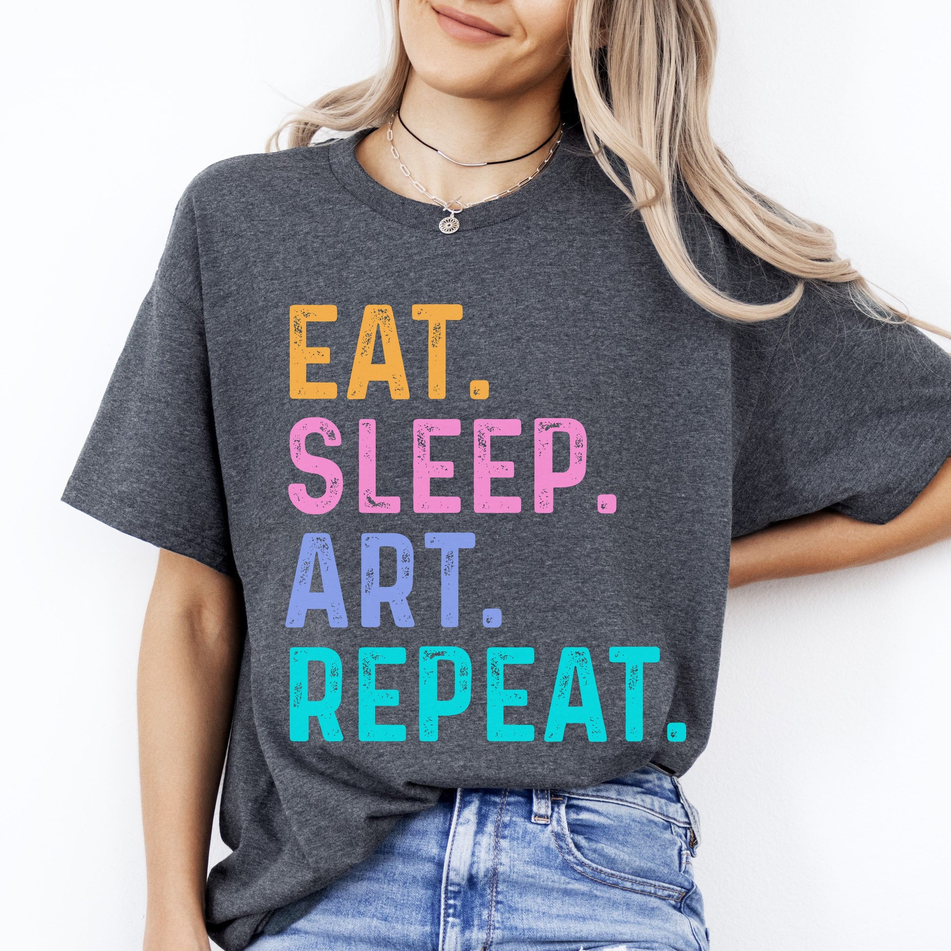 Eat sleep art repeat T-Shirt Artist Art teacher Unisex tee Black Navy Dark Heather-Dark Heather-Family-Gift-Planet