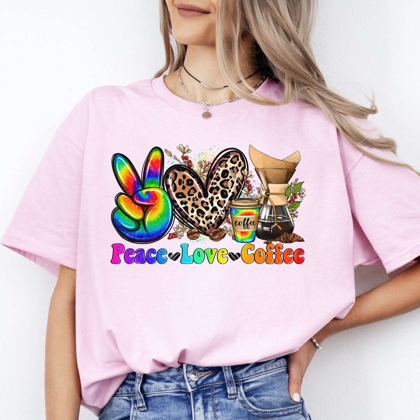 Peace Love Coffee T-shirt gift Coffee lover rainbow colorful leopard heart tee-Light Pink-Family-Gift-Planet