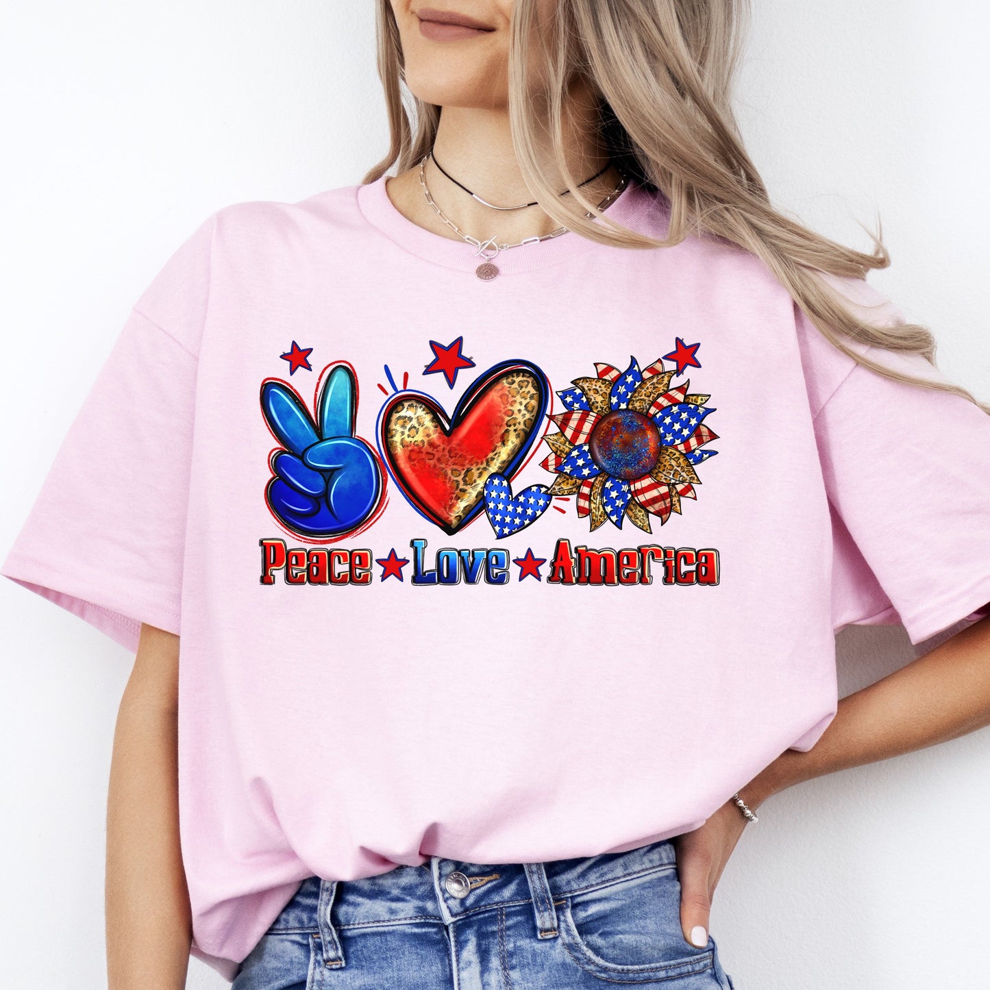 Peace Love America T-shirt gift US patriotic July 4th colorful tee-Light Pink-Family-Gift-Planet